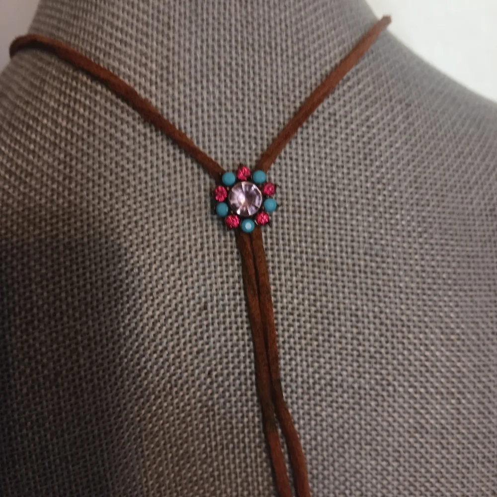Leather String Rhinestone Necklace - Picture 9 of 11